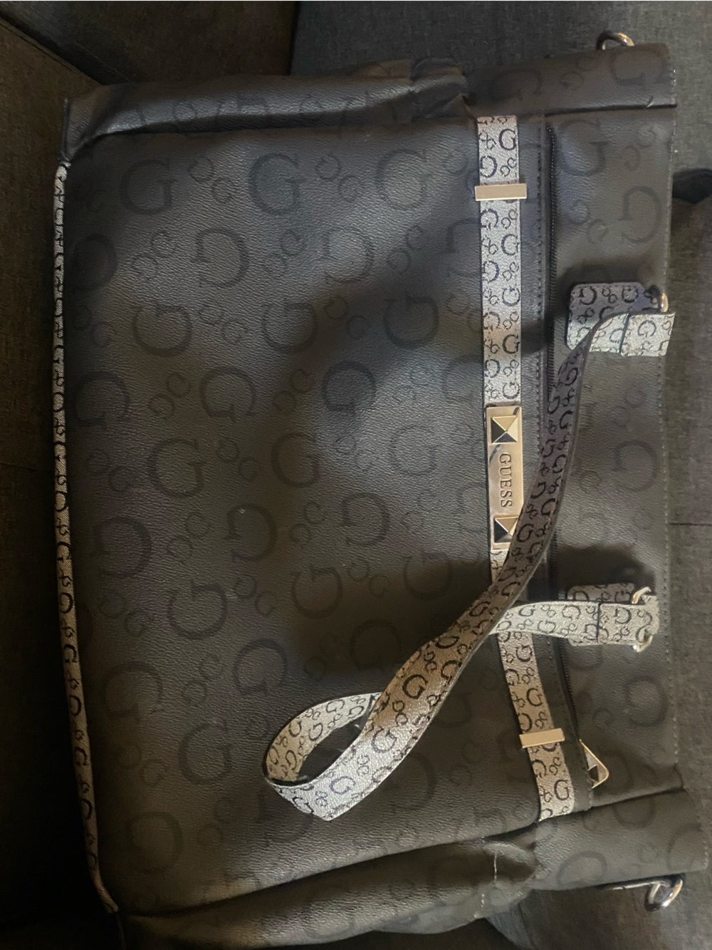 GUESS Black Messenger Bag with gray Monogram Strap